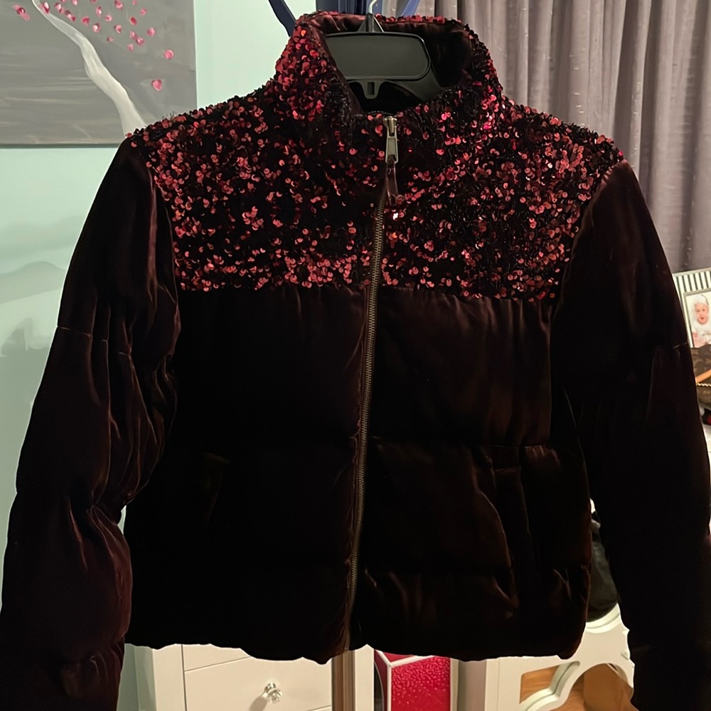 Maeve for Anthropologie deep purple velvet and sequins puffer coat in a medium